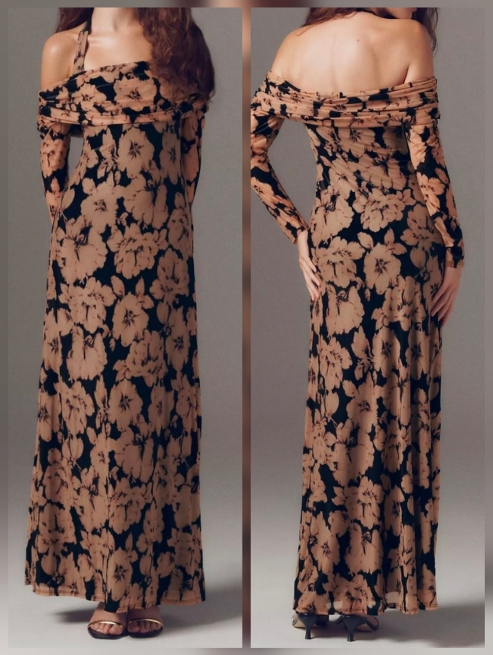 AFRM Arielle Burnout Velvet Off-Shoulder Halter Maxi Dress, Ivory Peony, XS